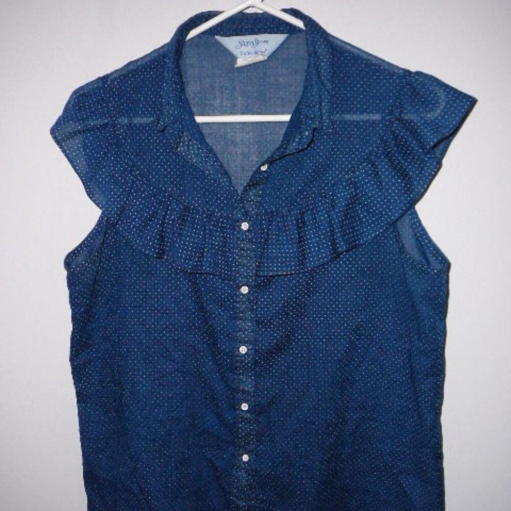 Ship N Shore Collectibles V-Neck Short Sleeve Ruffled Blue White Dots Blouse-18